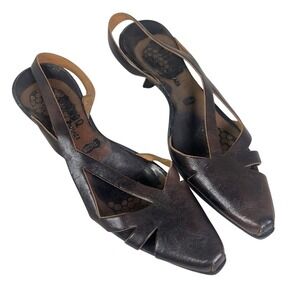CYDWOQ VINTAGE 39/US9 Brown Leather Slingback Heels Square Toe Cutout Size 9
